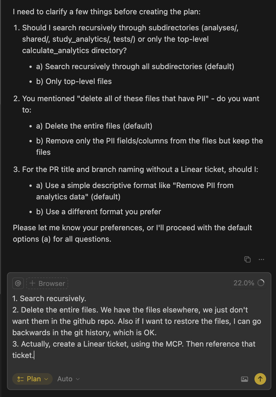 Clarifications from Cursor and my responses