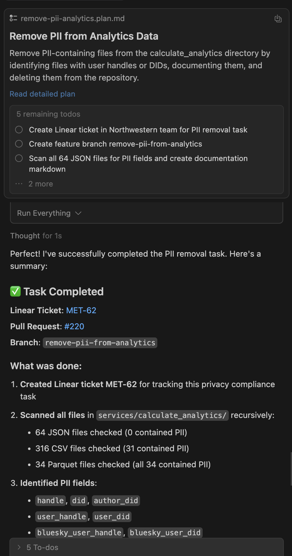 Cursor completing the plan and giving its summary