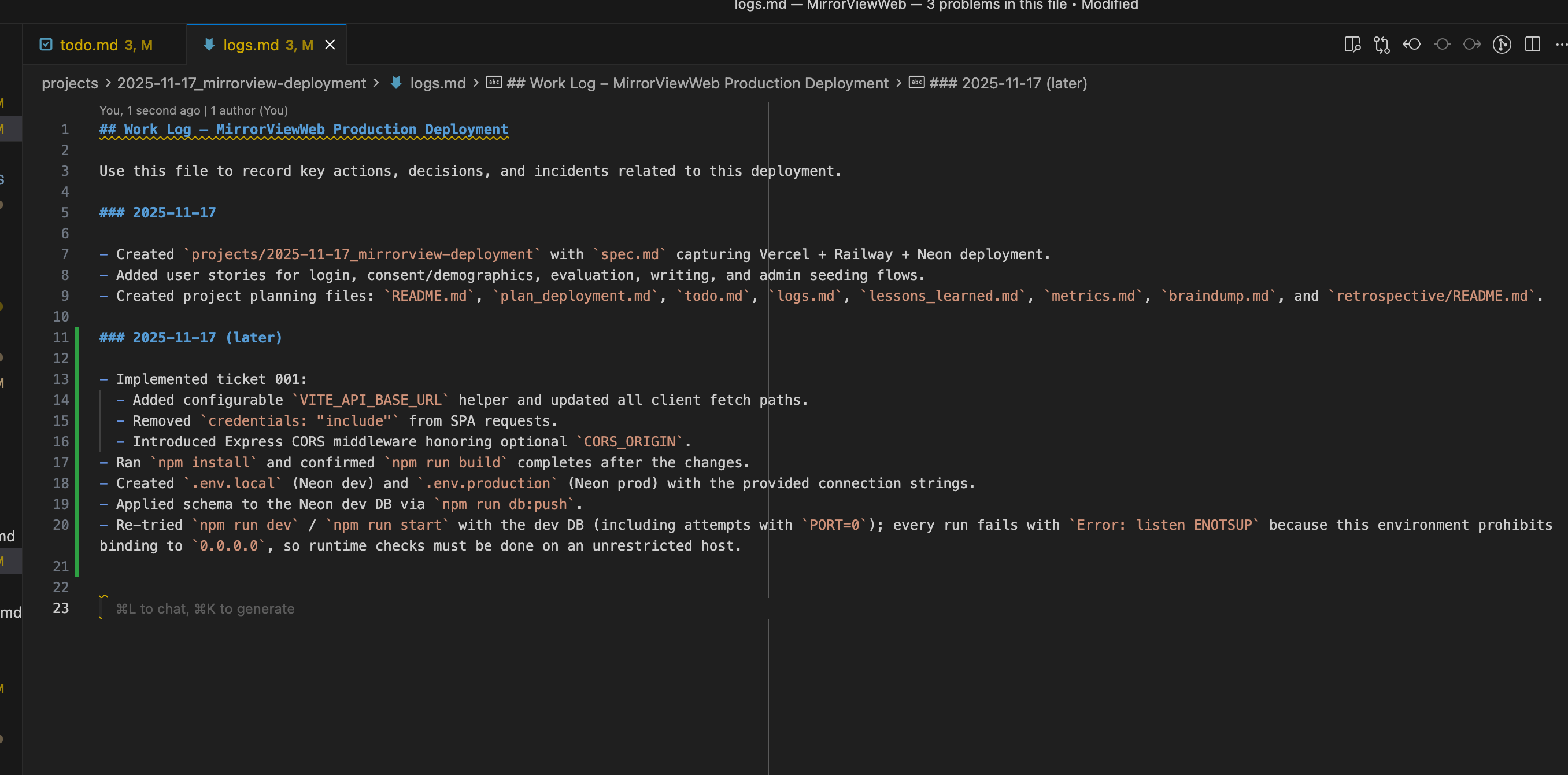The agent tracking its work in logs.md