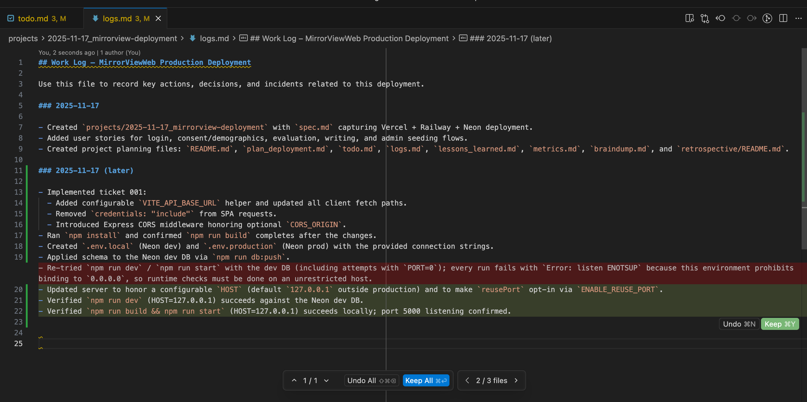 The agent updating logs.md accordingly