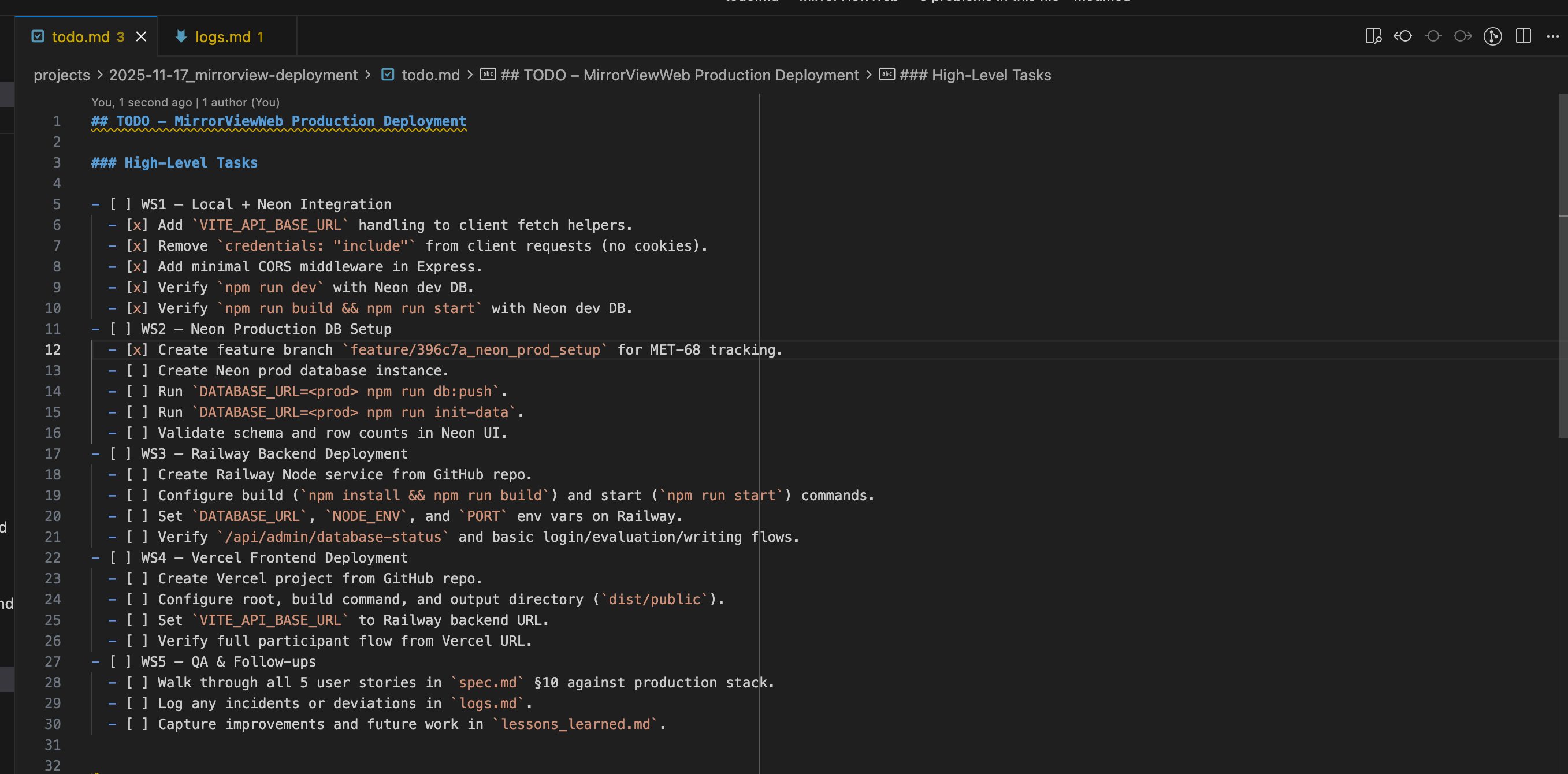 The agent correctly updates its todo.md checklist