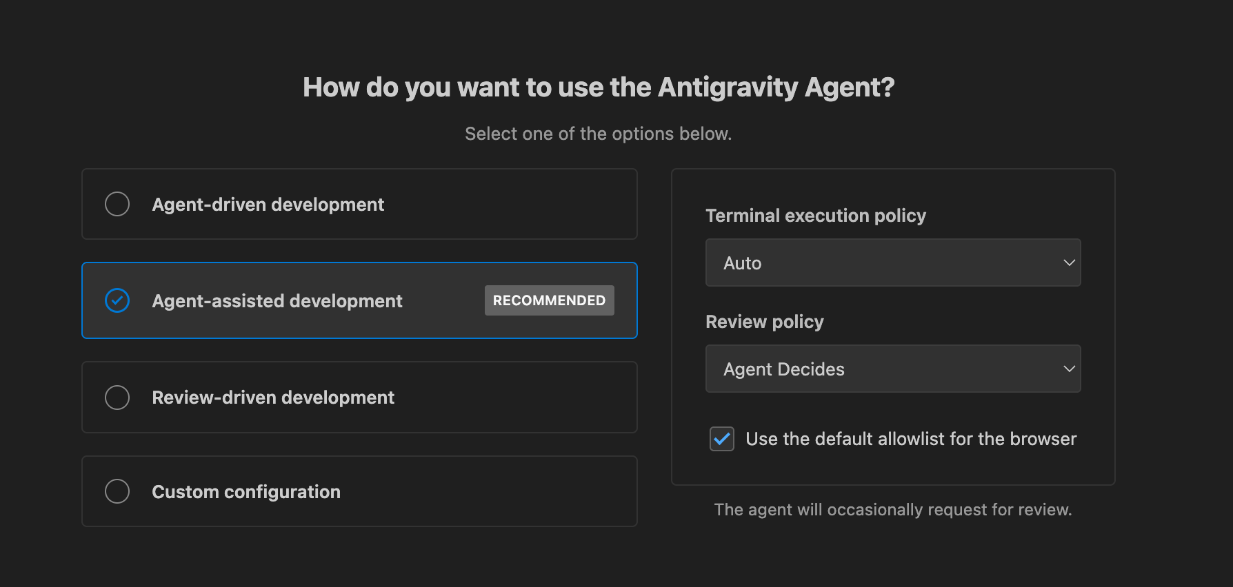 Agent settings for antigravity