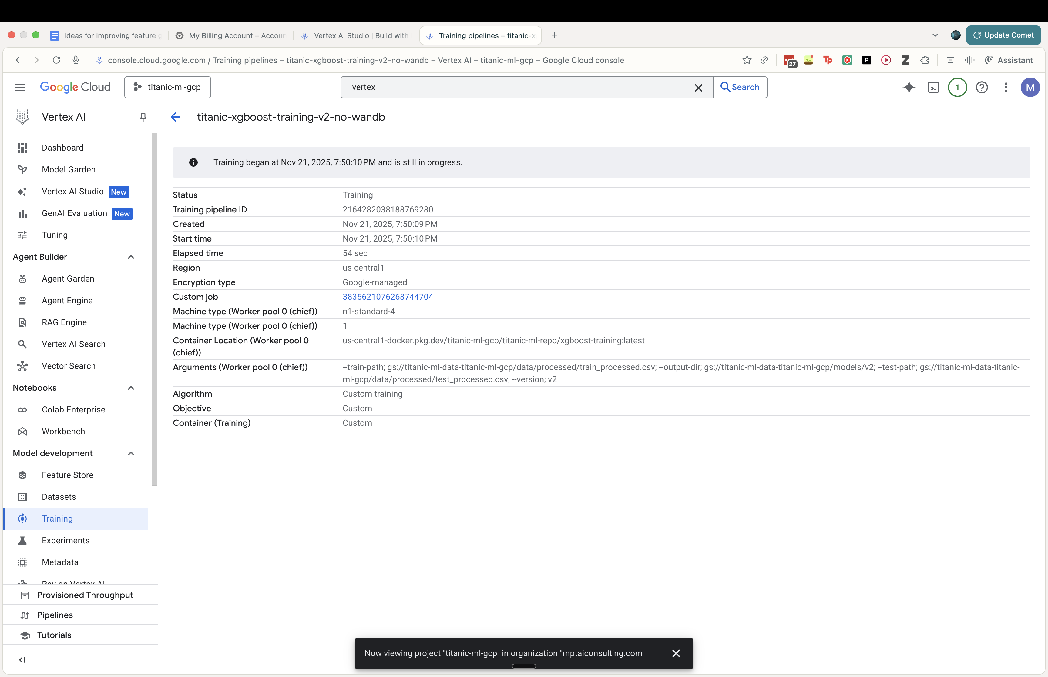 Vertex AI training results